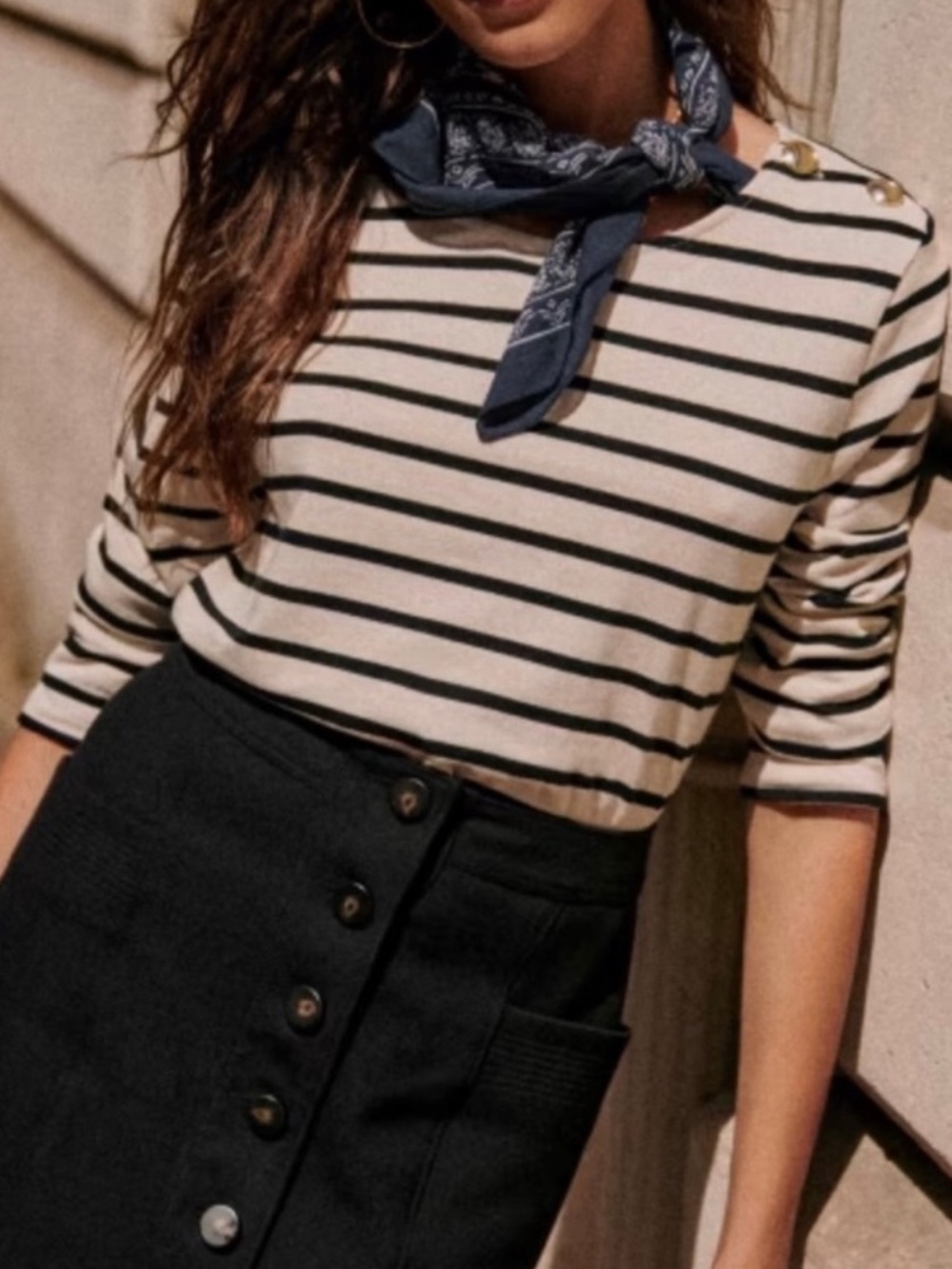 Sezane Cream and Black Striped Long Sleeve Tee